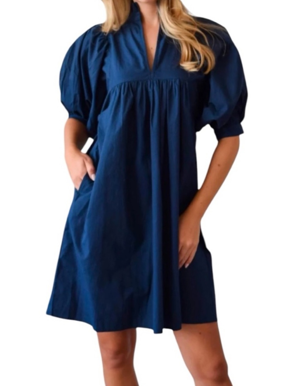 Never A Wallflower Navy Puff Sleeve Cotton Babydoll Dress XS NWOT